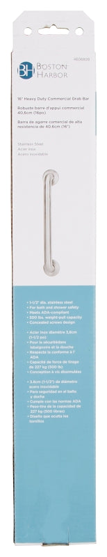 Boston Harbor SG01-01&0116 Grab Bar, 16 in L Bar, Stainless Steel, Wall Mounting, ADA Compliant