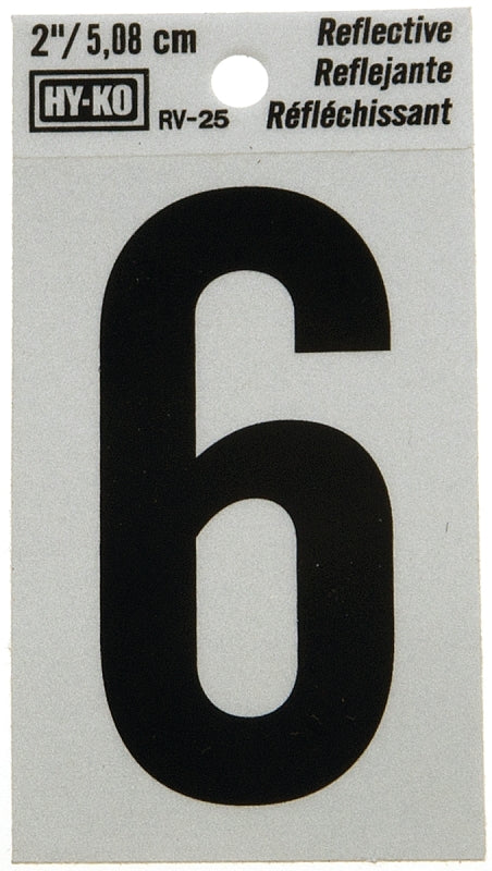 Hy-Ko RV-25 Series RV-25/6 Self-Adhesive Reflective Number, Character: 6, 2 in H Character, Black Character, Vinyl, Pack of 10