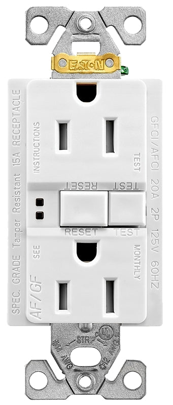 Eaton Wiring Devices TRAFGF15W-K-L Duplex Receptacle, 2 -Pole, 15 A, 125 V, Back, Side Wiring, White