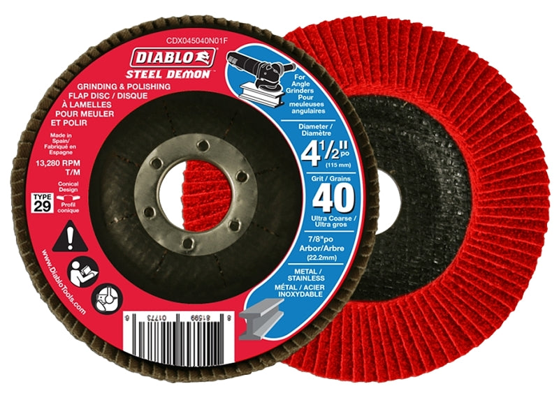 Diablo CDX045040N01F Flap Disc, 4-1/2 in Dia, 7/8 in Arbor, Zirconium Abrasive, 40 Grit
