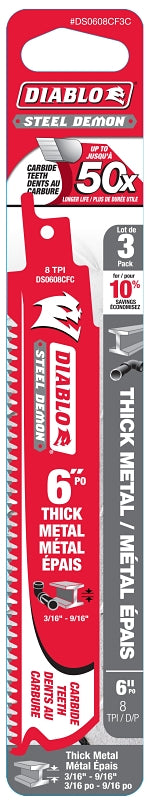 Diablo DS0608CF3C Reciprocating Saw Blade, 6 in L, 8 TPI, Carbide Cutting Edge