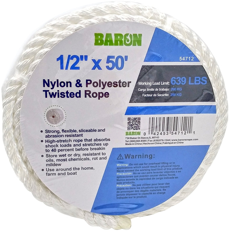 Baron 54712 Rope, 1/2 in Dia, 50 ft L, 639 lb Working Load, Nylon, White