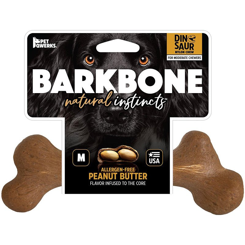 Petmate BarkBone 36036 Dog Toy, M, Peanut Butter, Chew, Natural Instincts Infused Wood Dinosaur, Nylon