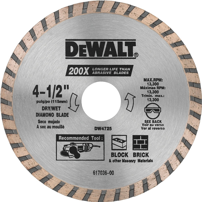 DEWALT DW4725 Circular Blade, 4-1/2 in Dia, 7/8 in Arbor, Diamond Cutting Edge, Segmented Rim