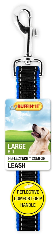 Ruffin'It 32116 Reflective Dog Leash, 6 ft L, 1 in W, Nylon, Black/Black and Blue/Black and Red/Bright Green, Buckle, Pack of 3
