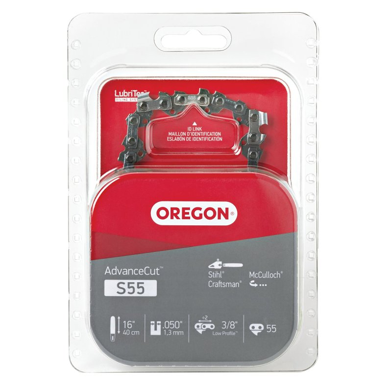 Oregon S55 Chainsaw Chain, 16 in L Bar, 3/8 in TPI/Pitch, 55-Link