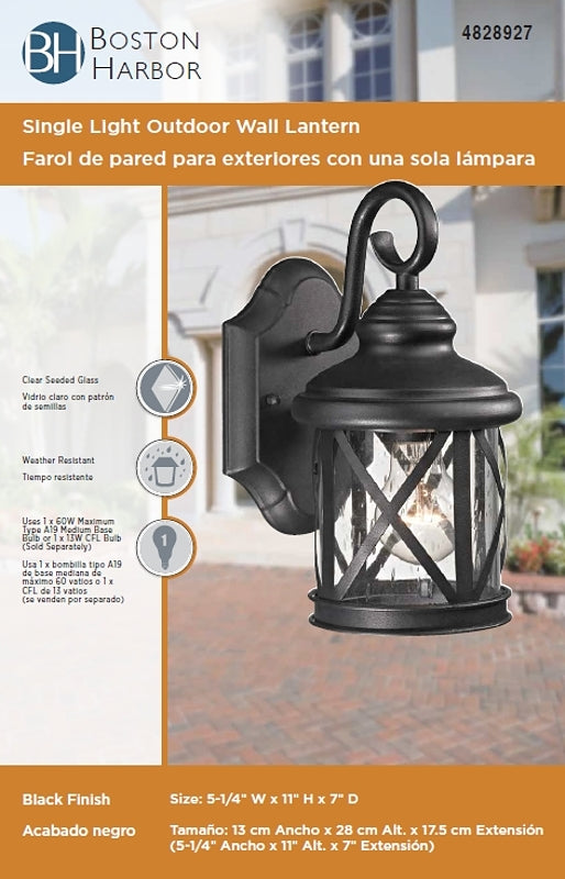 Boston Harbor LT-H01 Single Light Wall Lantern, 60 W, 120 V, CFL, Steel, Black, Black