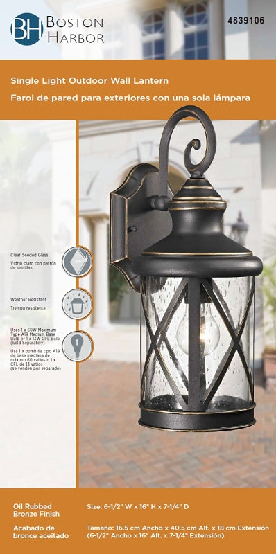 Boston Harbor LT-H04 Single Light Outdoor Wall Lantern, 60 W, 120 V, A19 or CFL, Steel, Oil Rubbed Bronze
