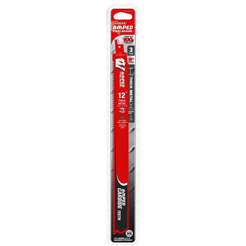 Diablo AMPED Steel Demon DS1208CFA3 Reciprocating Saw Blade, 1 in W, 12 in L, 8 TPI, Carbide Cutting Edge