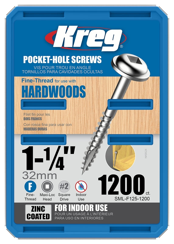 Kreg SML-F125-1200 Pocket-Hole Screw, #7 Thread, 1-1/4 in L, Square Drive, Carbon Steel, Fine Thread, Maxi-Loc Head