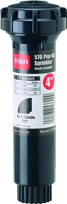 Toro 53712 Spray Sprinkler, Black, Full-Circle, 1/2 in Connection, 5 to 15 ft, 27 deg Nozzle Trajectory