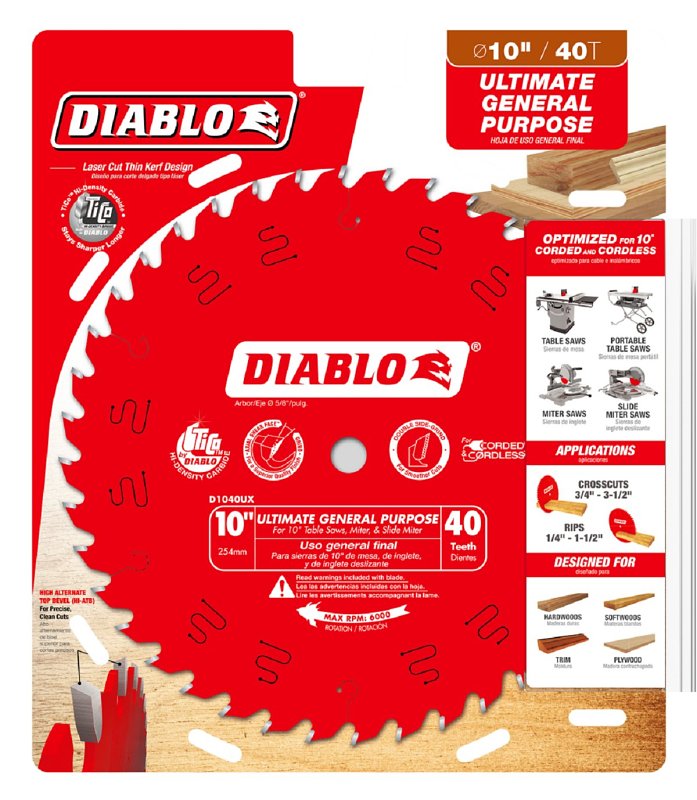 Diablo D1040UX General-Purpose Saw Blade, 10 in Dia, 40-Teeth, TiCo Carbide Cutting Edge