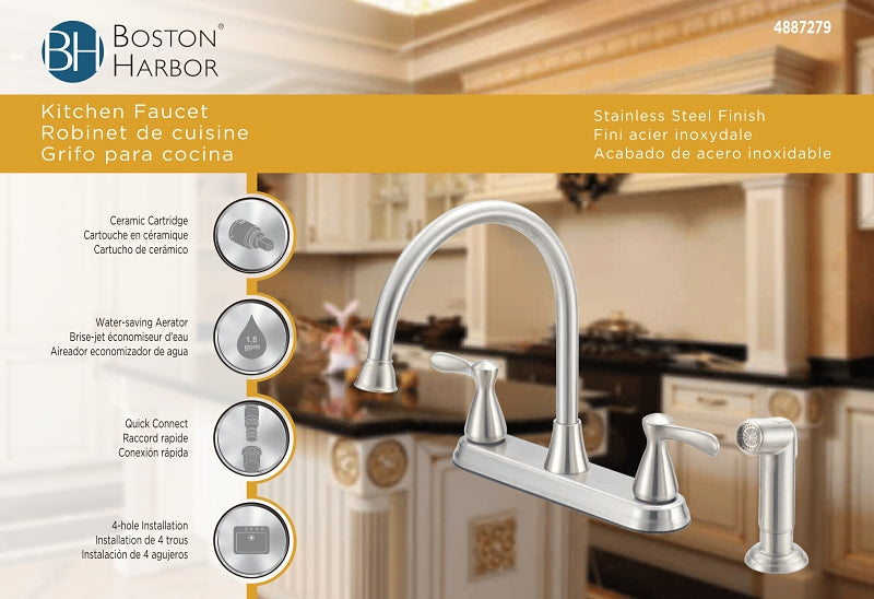 Boston Harbor F8210001NP Kitchen Faucet, 1.8 gpm, 4-Faucet Hole, Metal/Plastic, Stainless Steel, Deck Mounting