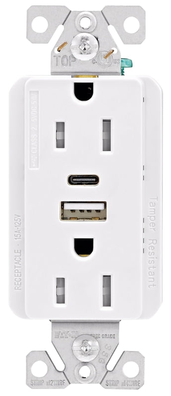 Eaton Cooper Wiring TRUSBAC15W-BX-L Combination Duplex Receptacle, 2 -Pole, 15 A, 125 V, 2 -USB Port, Type A, C USB