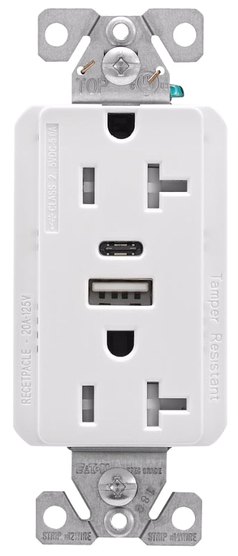 Arrow Hart TRUSBAC20 Series TRUSBAC20W-K-L Duplex Receptacle, 2-Pole, 5 A, 125 VAC, 2-USB Port, Type A, C USB, White