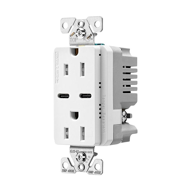Eaton TRUSBC15W-K-L Combination USB Receptacle, 2-Pole, 15 A, 125 V, 2-USB Port, Type C USB, NEMA: NEMA 5-15R, White, Pack of 4