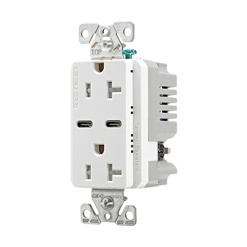 Eaton TRUSBC20W-BOX Combination USB Receptacle, 2-Pole, 20 A, 125 V, 2-USB Port, Type C USB, NEMA: 5-20R, White, Pack of 10