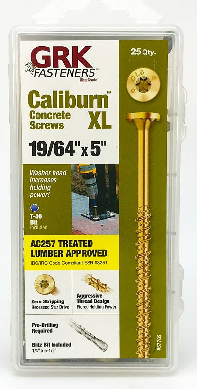 GRK Fasteners CALIBURN XL 57785 Heavy-Duty Concrete Screw, 19/64 in Dia, 5 in L, 3300 lb, Steel