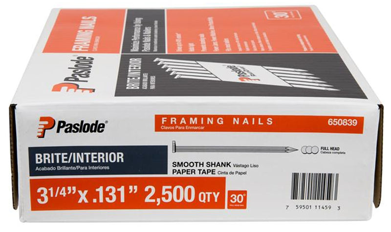 Paslode 650839 Series Framing Nail, Strip Collation, 3-1/4 in L, Steel, Bright, Round Head, Smooth Shank