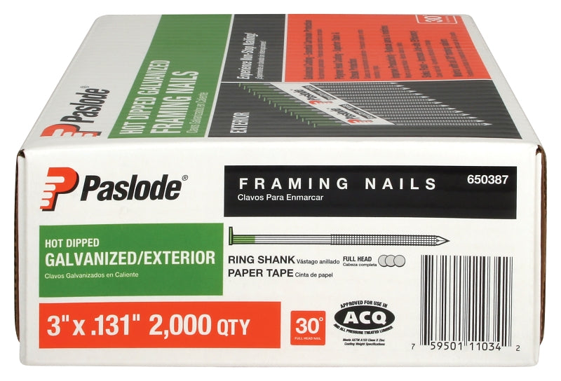 Paslode 650387 Framing Nail, Tape Collation, 3 in L, Steel, Hot-Dipped Galvanized, Full Round Head