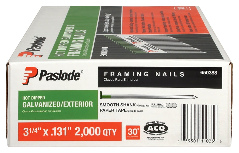 Paslode 650388 Framing Nail, 3-1/4 in L, Steel, Galvanized, Full-Round Head, Smooth Shank