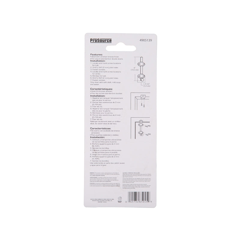 ProSource 23260VB-PS Surface Bolt, 0.7 in Bolt Head, 4 in L Bolt, Venetian Bronze