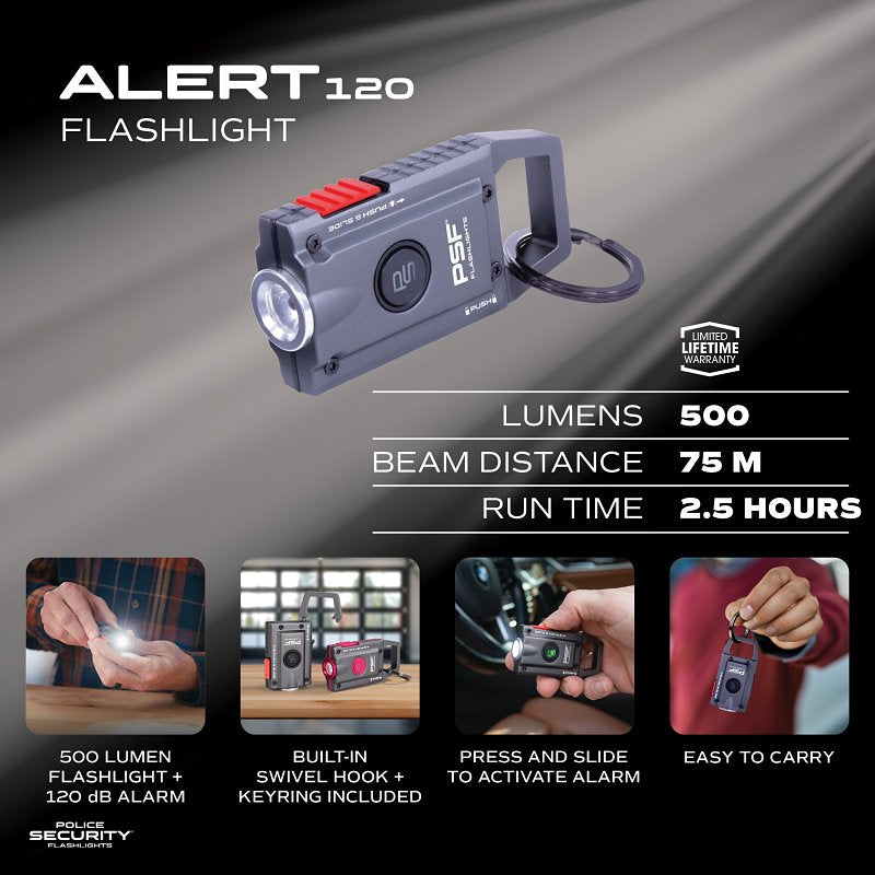 Police Security ALERT120 Series 97853 Personal Safety Alarm and Flashlight, AAA Battery, 500 Lumens, 75 m Beam Distance