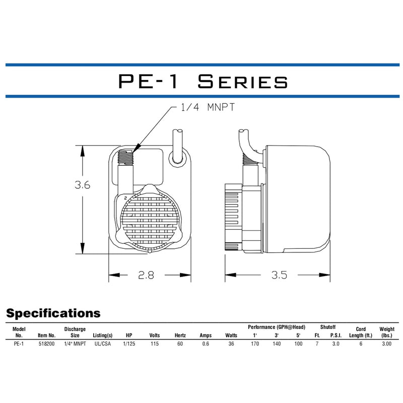 Little Giant PE-1 Series 1/125 HP 170 gph Thermoplastic Switchless Switch AC Submersible Utility Pum