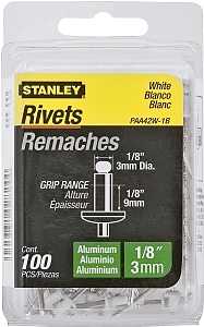 STANLEY PAA42W-1B Pop Rivet, Reusable, 1/8 in Grip, 1/8, 1-1/2 in L, Aluminum
