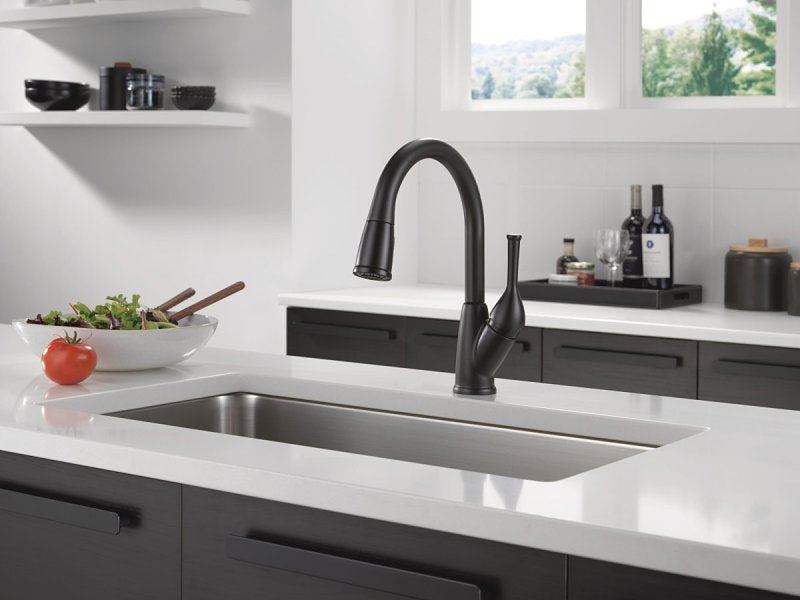 Delta Classic Series 19810-BL-DST Kitchen Faucet, 1.8 gpm, 1-Faucet Handle, 1, 3-Faucet Hole, Matte Black, ADA Compliant