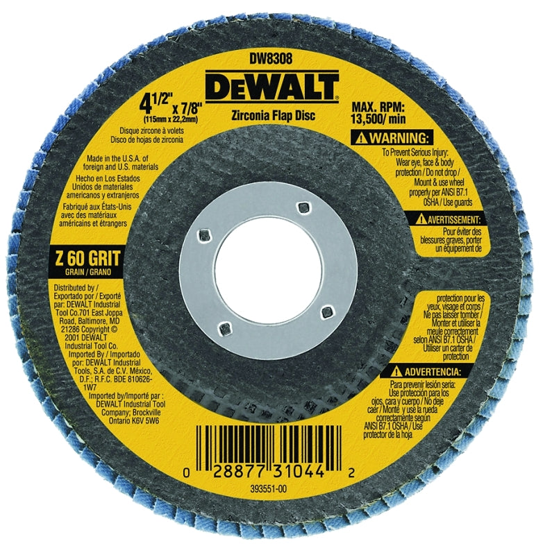 DEWALT DW8308 Flap Disc, 4-1/2 in Dia, 7/8 in Arbor, Coated, 60 Grit, Medium, Zirconia Abrasive, 1/PK