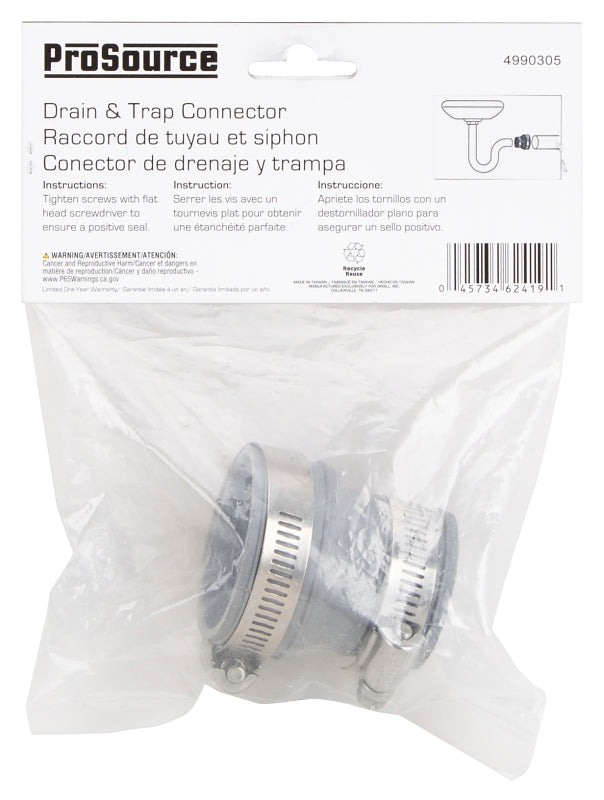ProSource DTC-150 Drain Trap Connector, 1-1/2 x1-1/4 in, PVC, Gray