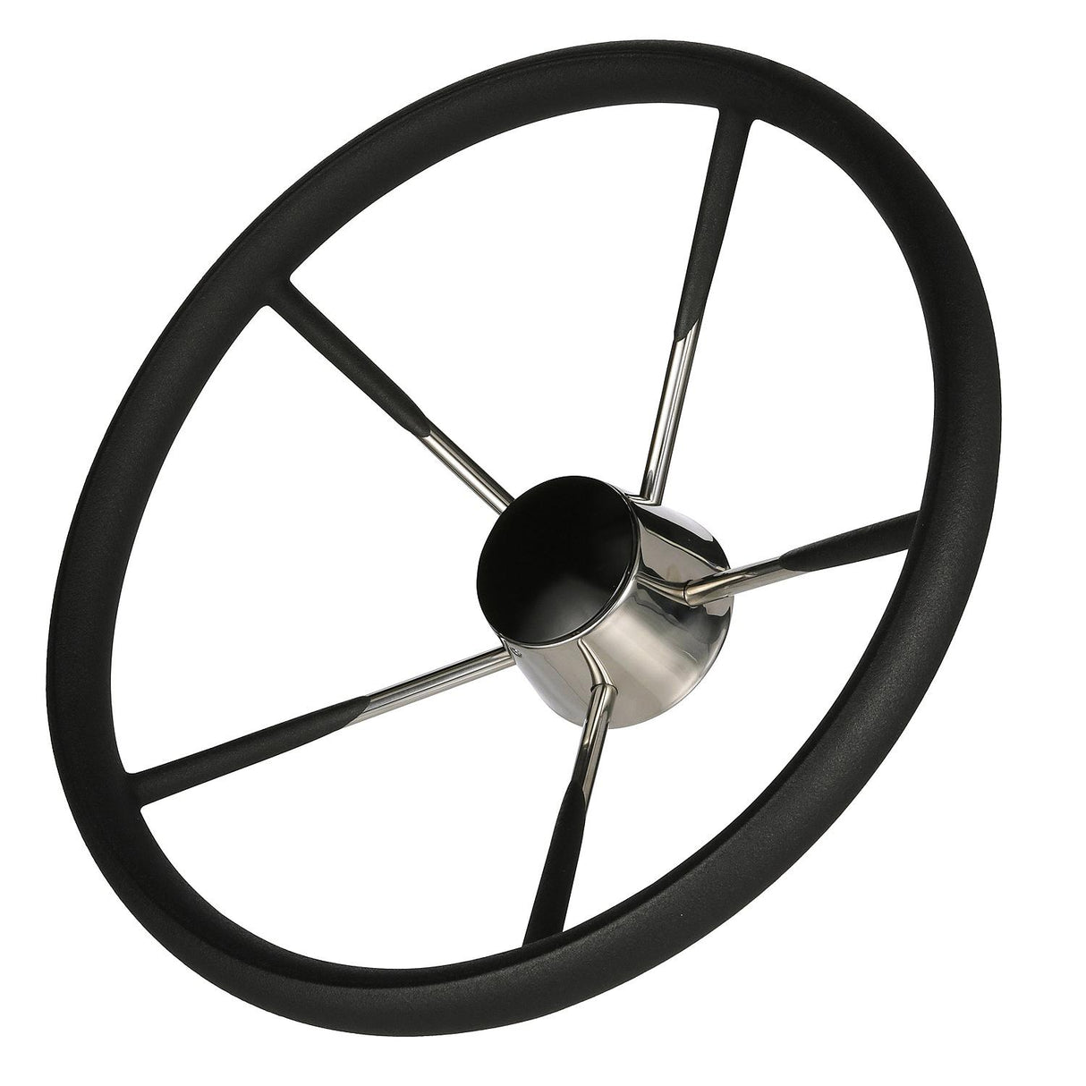 Seachoice 5 Spoke 15" Stainless Steel Destroyer Steering Wheel With Permanent Foam Grip & Black Center Cap
