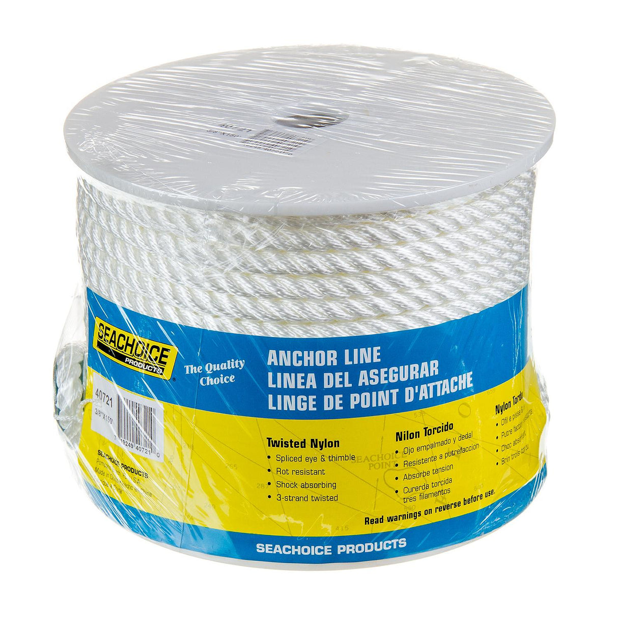 Seachoice 40721 3-Strand Twisted Nylon Anchor Line - White, 3/8" x 150