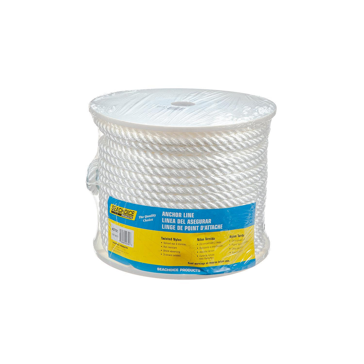Seachoice 40751 3-Strand Twisted Nylon Anchor Line - White, 1/2″ x 200'