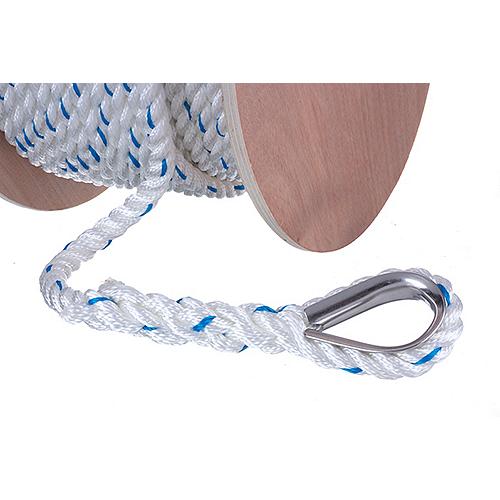 Premium 3-Strand Twisted Nylon Anchor Line White With Blue Tracer, 5/8″ x 200'