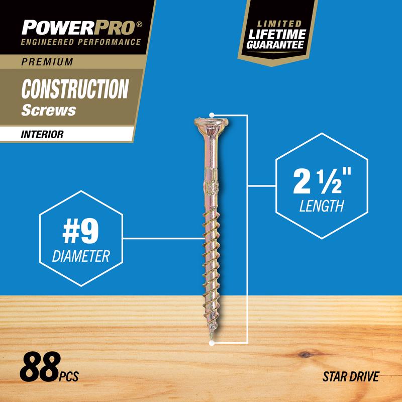 HILLMAN Power Pro No. 9 X 2-1/2 in. L Star Yellow Zinc Coarse Wood Screws 88 pk