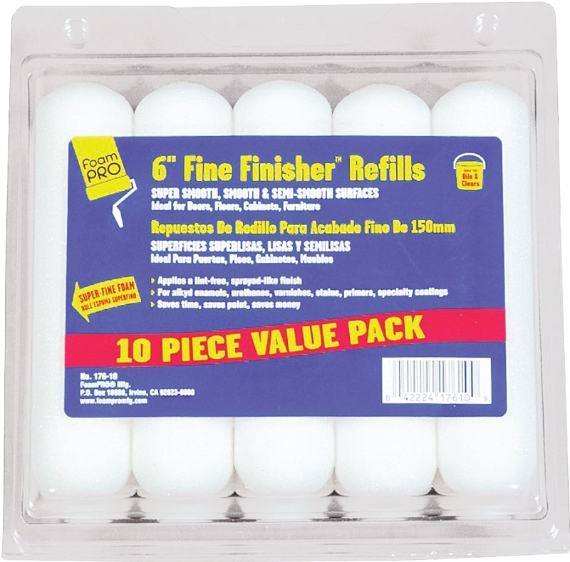 Foampro 176-10 Fine Finish Roller Refill, 3/8 in Thick Nap, 6 in L, Foam Cover, Pack of 4