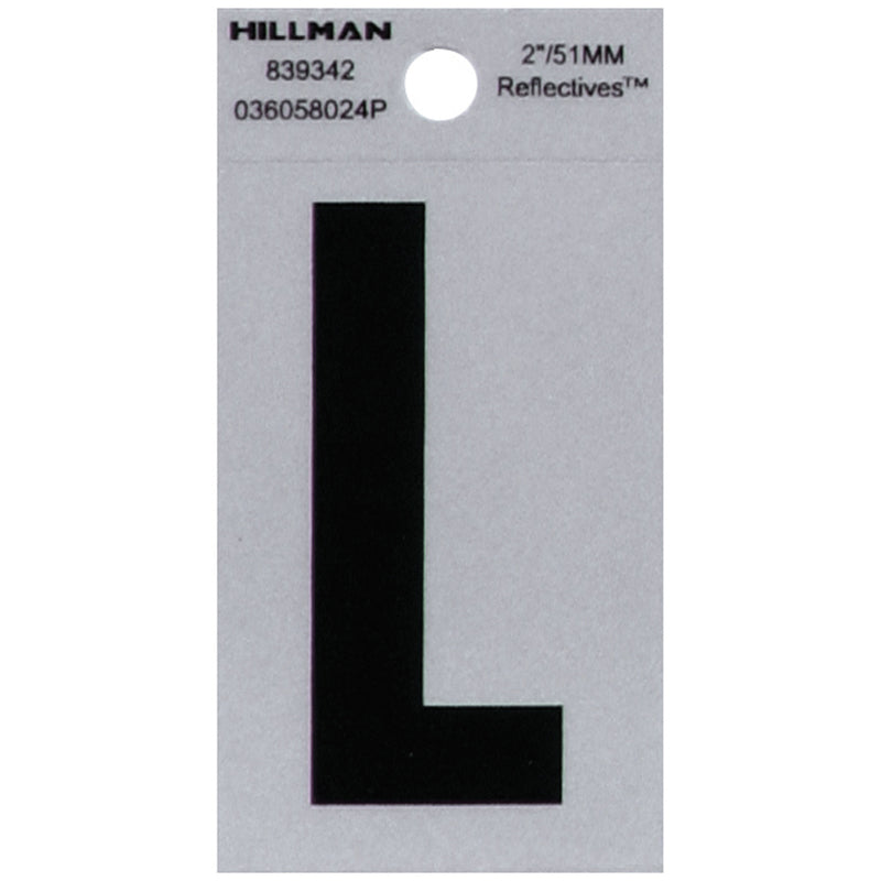 HILLMAN 2 in. Reflective Black Vinyl Self-Adhesive Letter L 1 pc, Pack of 6