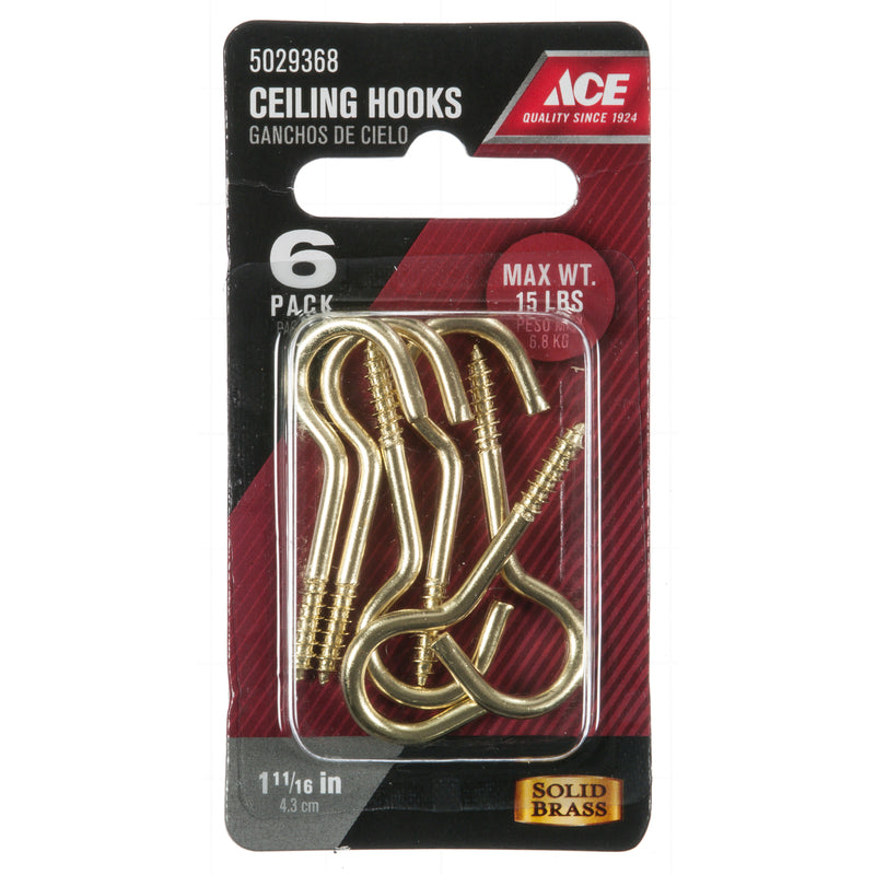 Ace Small Polished Brass Gold Brass 1.6875 in. L Ceiling Hook 15 lb 6 pk, Pack of 5