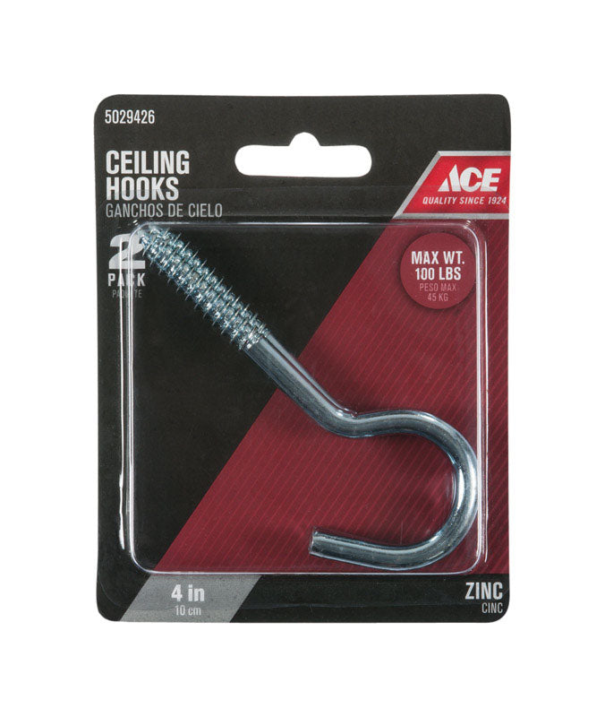 Ace Small Zinc-Plated Silver Steel 4.0625 in. L Ceiling Hook 100 lb 2 pk, Pack of 5