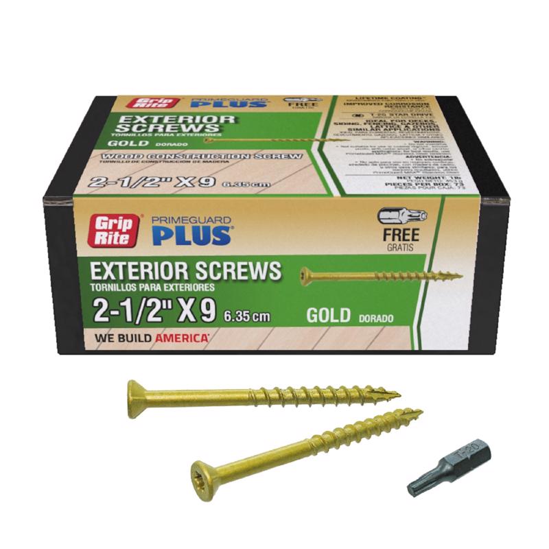 Grip-Rite PrimeGuard Plus No. 9 wire X 2-1/2 in. L Gold Star Flat Head Deck Screws 1 lb, Pack of 12