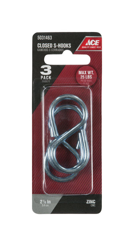 Ace Small Zinc-Plated Silver Steel 2-1/8 in. L Closed S-Hook 25 lb 3 pk, Pack of 5