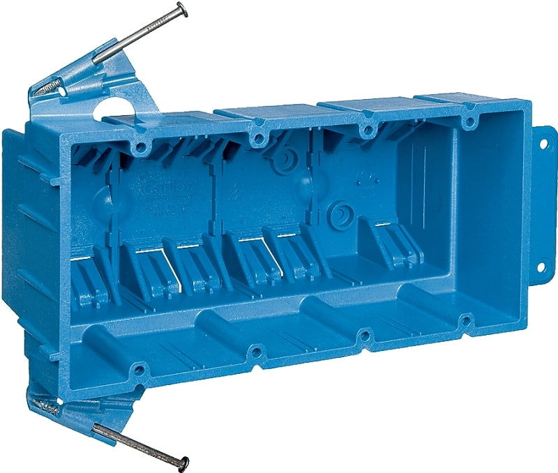 Carlon BH464A Outlet Box, 4-Gang, PVC, Blue, Nail Mounting