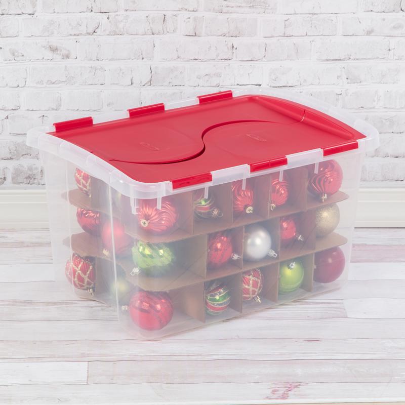 Sterilite 48 qt Clear/Red Ornament Storage Box w/Hinged Lid 13.13 in. H X 22.38 in. W X 15.88 in. D, Pack of 6