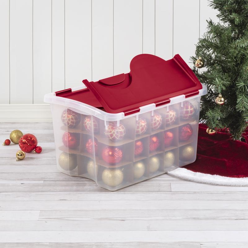 Sterilite 48 qt Clear/Red Ornament Storage Box w/Hinged Lid 13.13 in. H X 22.38 in. W X 15.88 in. D, Pack of 6