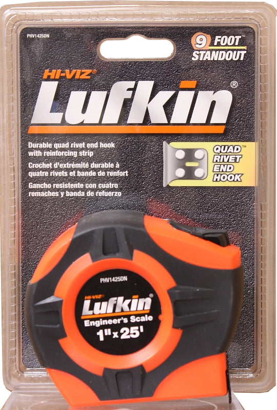 Crescent Lufkin PHV1425DN Tape Measure, A4 Blade, 25 ft L Blade, 1 in W Blade, Steel Blade, ABS Case, Orange Case