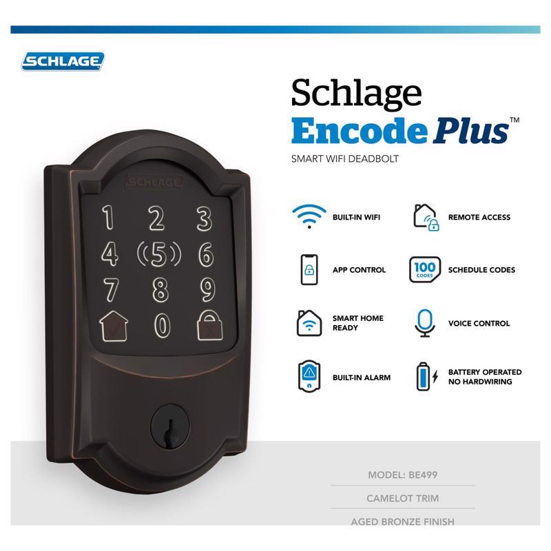 Schlage Encode Plus Aged Bronze Metal WiFi Deadbolt with Camelot Trim