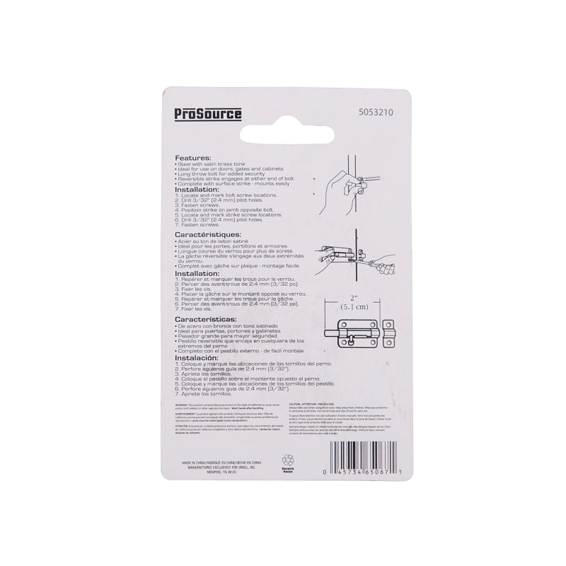 ProSource 20483CZB-PS Barrel Bolt, Steel, Satin Brass