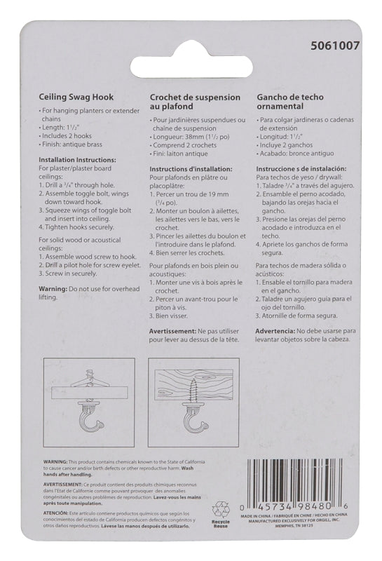 Landscapers Select GB0403L Ceiling Hook, 1-1/2 in L, Zinc Alloy, Antique Brass, Antique Brass, Wall